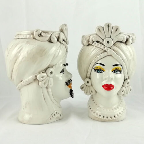 antiqued bullheads, modern bullheads, caltagirone bullheads, caltagirone ceramic, ceramic heads, pair of bullheads, pair of white heads