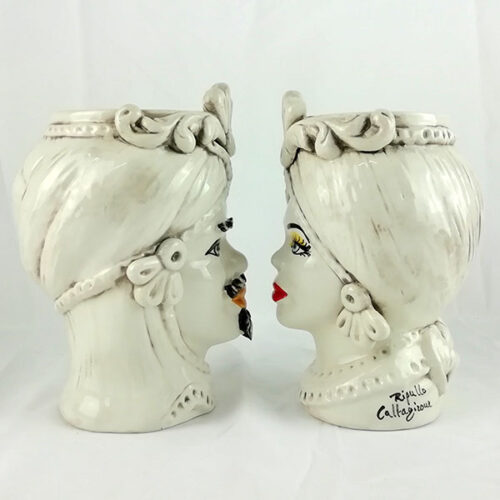 antiqued bullheads, modern bullheads, caltagirone bullheads, caltagirone ceramic, ceramic heads, pair of bullheads, pair of white heads