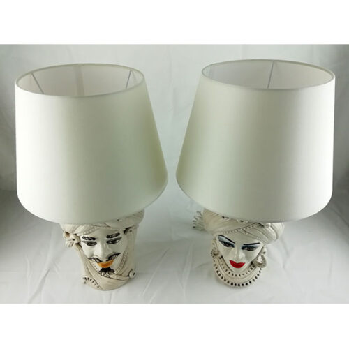 pair of caltagirone pottery lamp heads, caltagirone pottery lamp heads, pair of bedside lamps, bedside lamps for room, triptych lamps, caltagirone pottery, wholesale caltagirone pottery,