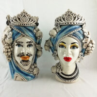 Pair of Moor Heads with Fruit h.40 Blue Decoration