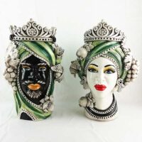 Pair of Moor Heads with Fruit h.40 Green Drape