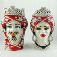 Moor heads with crown red decoration in caltagirone ceramic,