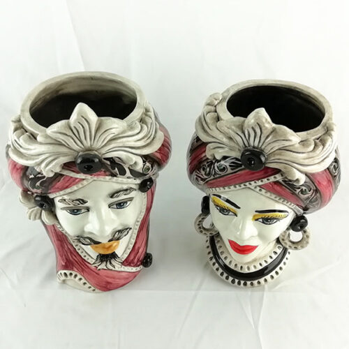 Pair of Moorheads in Caltagirone ceramic Bordeaux decoration