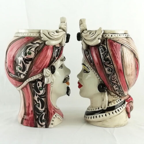 Pair of Moorheads in Caltagirone ceramic Bordeaux decoration