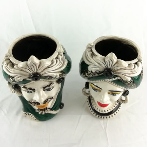 Pair of Moorheads in Caltagirone ceramic with Green decoration