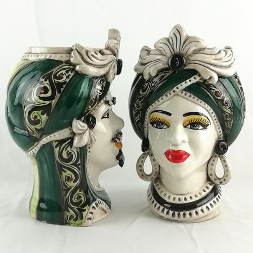 Pair of Moorheads in Caltagirone ceramic with Green decoration