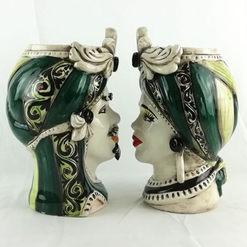 Teste di Moro in ceramica di Caltagirone decoro Verde