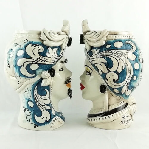 Pair of Moorheads blue ceramic decoration from Caltagirone