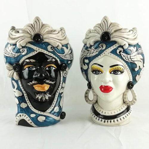 Pair of Moorheads blue ceramic decoration from Caltagirone