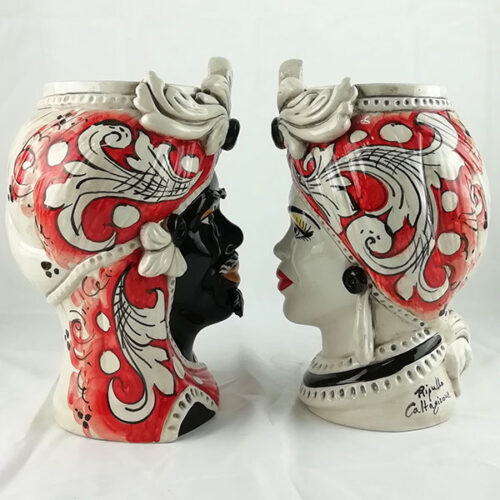 pair of caltagirone pottery red decor moor heads,