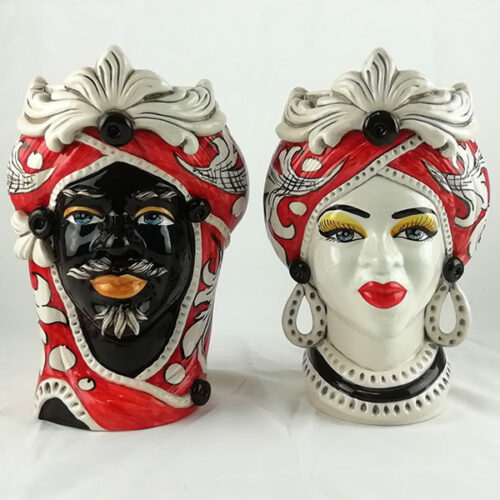 Caltagirone ceramic red-decorated moor heads,