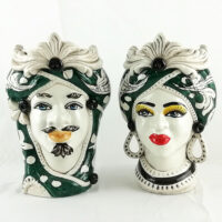 Pair of Moor heads h.30cm green ceramic decoration by Caltagirone
