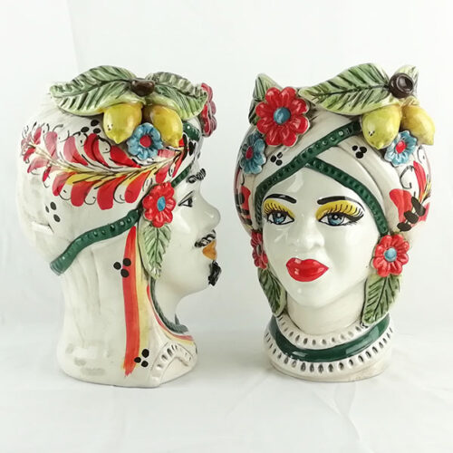 Pair of Moorheads h.27 in Caltagirone ceramic with Lemons decoration 600 Red