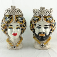 Pair of Moor heads in caltagirone ceramic orange decoration