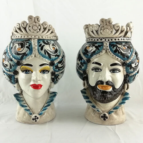 Pair of Moorheads in caltagirone ceramic blue decoration