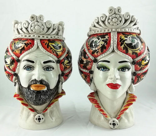 Norman heads pair, norman head pair, moor heads, caltagirone moor heads pair, red decoration heads, modern decoration, modern ceramics, home decorations,