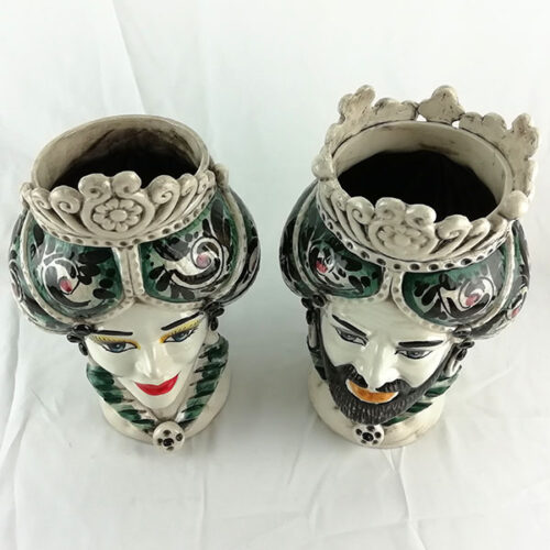 Pair of Moor heads in caltagirone ceramic Green decoration