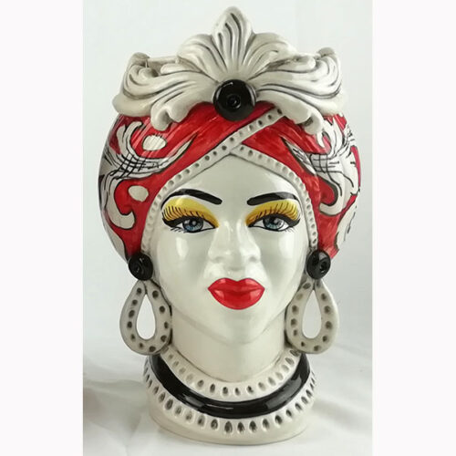 Dark-headed woman red decoration in caltagirone ceramic,