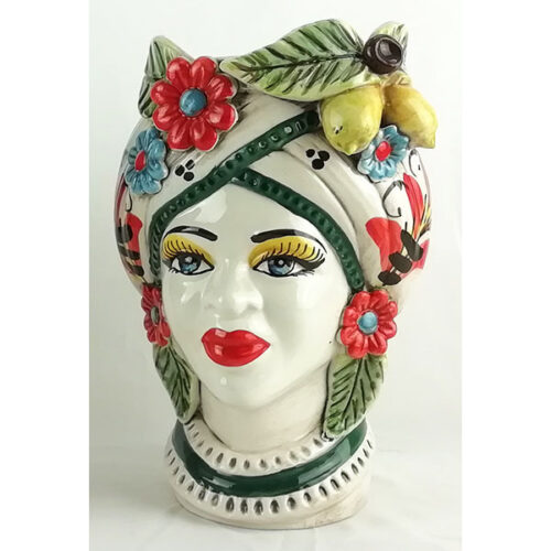 Moorhead Woman h.27 in Caltagirone ceramic with Lemons decoration 600 Red