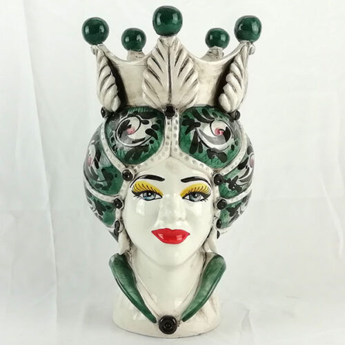 testa di Moro donna in ceramica di caltagirone decoro verde alta 30 centimetri,
