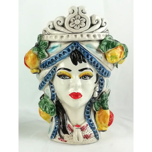 Norman woman caltagirone pottery murr head with fruit, wholesale murr heads, caltagirone pottery,
