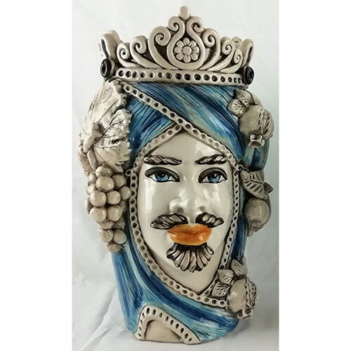Blue Decorated Moor's Head with Fruit in Caltagirone Ceramic