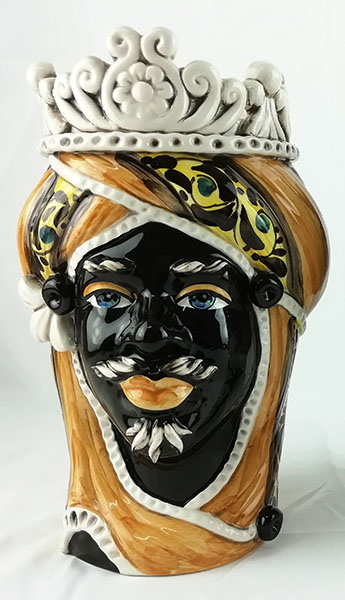 dark brown head orange decor, caltagirone ceramic dark head, white dark head, white ceramic face, ceramic pattern, handmade pottery, Sicilian dark head